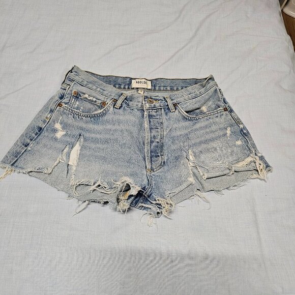 AGOLDE Parker Stone Washed Distressed Cut Off Jean Shorts Women Size 28 Swapmeet - Picture 8 of 16